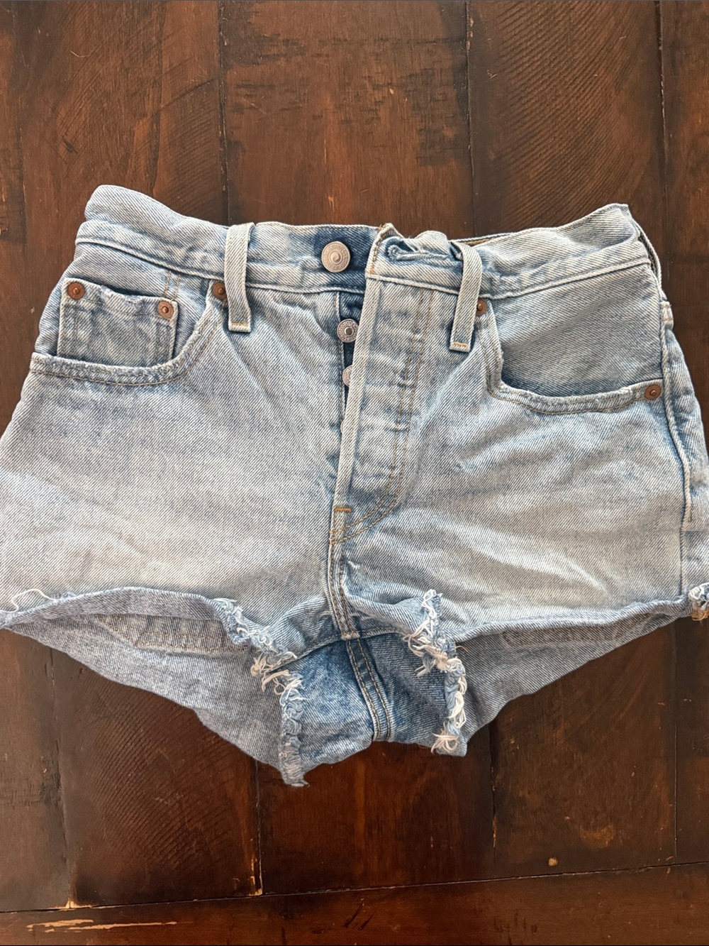 LEVI Women’s Light Blue High-Rise Distressed Denim Shorts